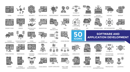 Software and application development icon solid two color set collection. This set includes This set includes coding, secure data, programming, algorithm and more icons and more icons in solid style