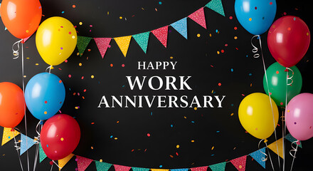 A vibrant work anniversary party scene with colorful balloons and a banner.