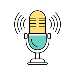 Microphone with pop filter emitting sound waves in flat design style  