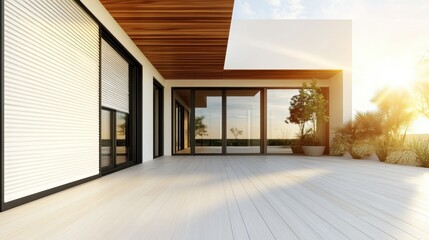 Fototapeta premium A beautifully designed modern patio showcasing sleek lines, warm wooden details, and large glass doors that open to a breathtaking sunset view, evoking peace and design elegance.
