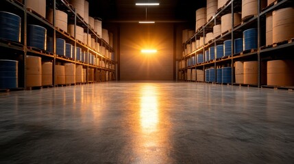 Fototapeta premium A serene industrial warehouse scene captured during sunset, featuring shiny floors and rows of barrels, highlighting the beauty of urban storage spaces.