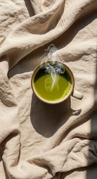 Steaming Matcha Tea Flat Lay On Soft Beige Linen &ndash; Minimalistic Japandi Vertical Style