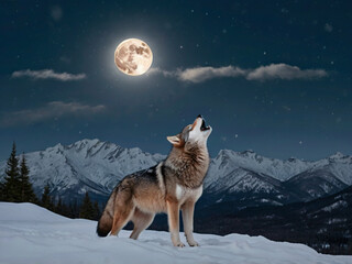 A lone wolf howling under a full moon on a snowy mountain peak, mist swirling around its paws
