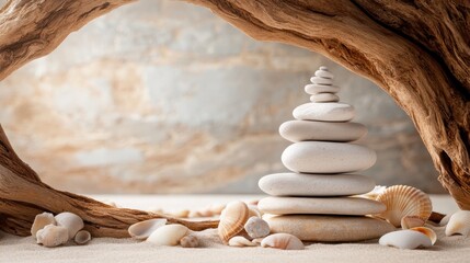 A calming arrangement of stacked stones and seashells set in a tranquil sand environment, symbolizing peace and balance, creating an aesthetic appeal for relaxation and mindfulness.