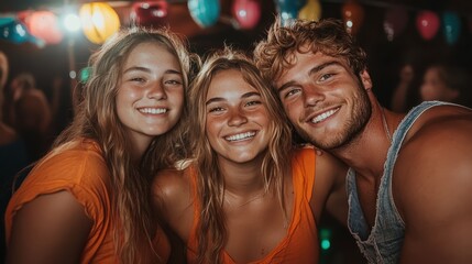 A cheerful trio of friends poses for a photo at a vibrant party, all wearing bright colors and smiling widely, highlighting joy, friendship, and celebration in a fun environment.
