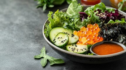 A vibrant salad featuring fresh greens, cucumber slices, and salmon roe, beautifully arranged in a bowl, showcasing a healthy and appetizing meal option for any food lover.