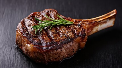 A delicious, perfectly grilled steak garnished with fresh rosemary, served on a black slate board, exemplifying culinary excellence and the art of cooking for meat lovers.