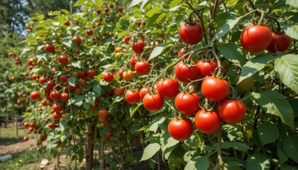 Ripe Cherry Tomatoes Hanging on Lush Green Plants in a Garden During Summer