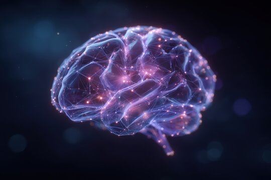 This visual displays a striking 3D model of a brain composed of interconnected nodes and fibers, glowing with vivid colors against a dark background, suggesting neural activity and complexity.