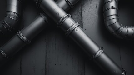 An artistic representation of intersecting metal pipes set against a dark background, emphasizing the industrial design and abstract patterns they create.