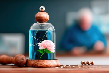 Preserved Pink Carnation in a Glass Dome on Wooden Base