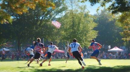 Exciting flag football match in a vibrant park setting with lively spectators and an American flag waving in the backdrop