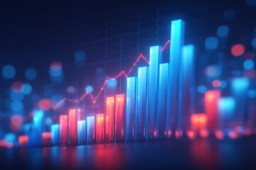 Vibrant bars represent various data points in red and blue, illustrating a rise in metrics.