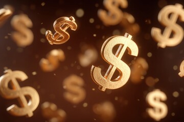 Golden dollar signs appear to float in mid-air, creating an eye-catching visual effect. The shimmering background enhances the sense of wealth and prosperity, perfect for financial concepts.