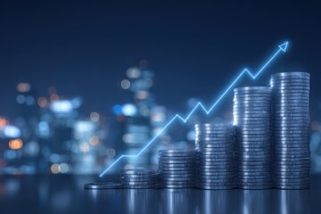 Stacks of coins increase in height, illustrating financial growth. A blue line graph rises sharply behind the coins, indicating positive trends in economic data at night.