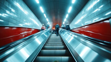 A captivating view of an escalator in motion, highlighting urban life and the fast-paced environment of a bustling metro station filled with rushing passengers.
