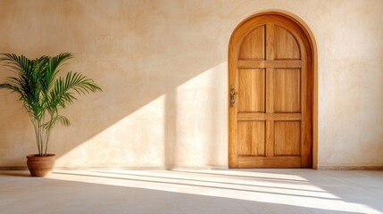 An elegant wooden door stands in a minimalist room adorned with lush greenery, casting intricate shadows that enhance the serene and inviting atmosphere of the space.