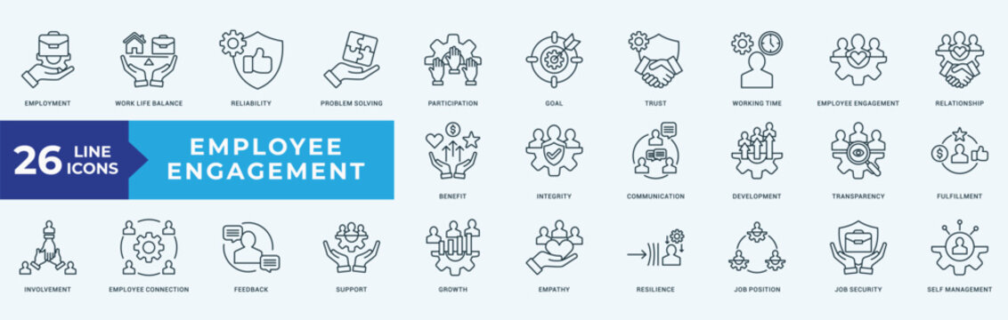 Employee Engagement icon collection set with employment, work life balance, reliability, problem solving, participation, goal, trust, working time, employee engagement, relationship, benefit, integrit
