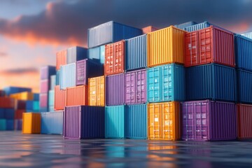 Fototapeta premium Stacks of brightly colored shipping containers fill the scene at a bustling port, reflecting the warm hues of an evening sunset. The atmosphere combines industrial activity with natural beauty.