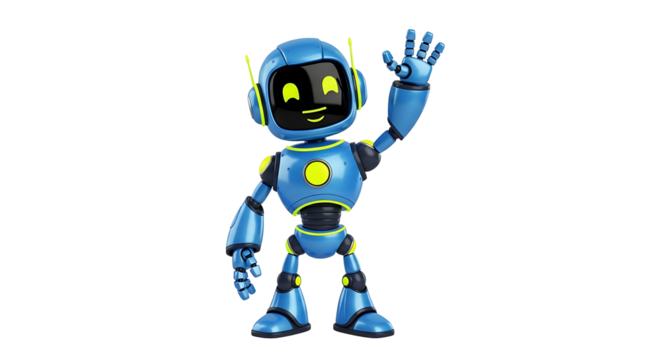 A blue robot with a yellow circle on its chest waving its hand on a black background in a studio shot on transparent background