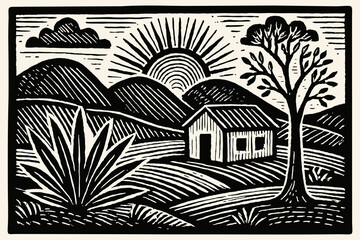 Landscape with cacti, tree, mountains, house and sun. Brazilian northeast cordel vector illustration. Woodcut style. Black and white