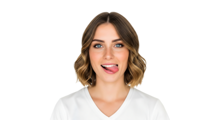 Portrait of a young woman with wavy blonde hair and blue eyes sticking her tongue out on black background on transparent background