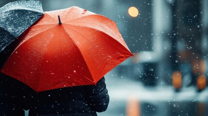 A couple shares an umbrella against a snowy backdrop, conveying warmth and togetherness amidst the cold winter scene, perfect for illustrating love and companionship.