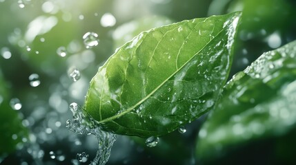 A vibrant green leaf glistening with water droplets, capturing the essence of nature's freshness and vitality as light reflects off its surface in a serene environment.