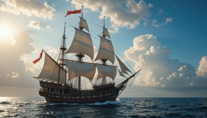 Obraz premium Majestic Sailing Ship Navigating Through the Open Sea Under a Bright Sky With Dramatic Clouds