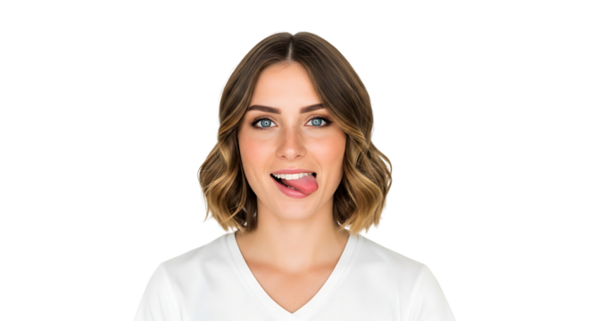 Portrait of a young woman with wavy blonde hair and blue eyes sticking her tongue out on black background on transparent background - Powered by Adobe