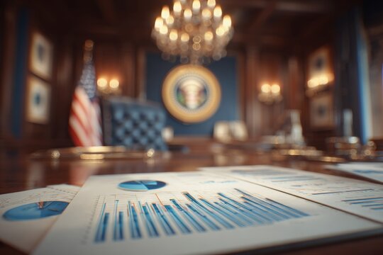 Charts and reports are spread across a polished table in a formal office setting. The background features an official seal and elegant chandeliers with an American flag in view. - Powered by Adobe