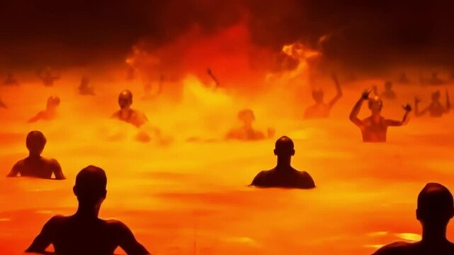 A figure falls from a dark, fiery sky, plunging into a lake of fire where countless other tormented souls are trapped