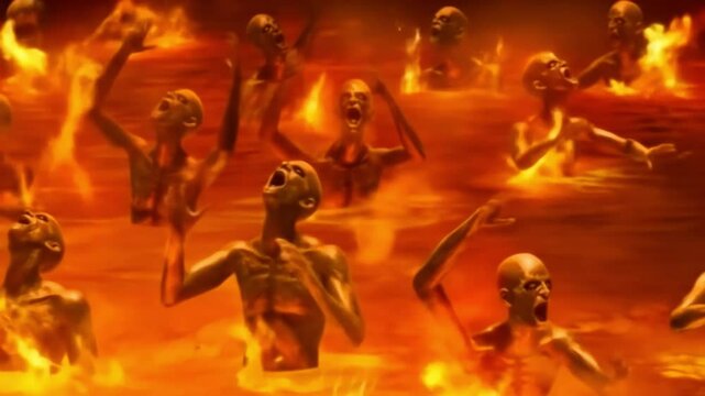 Countless tormented souls scream in agony, trapped in a burning lake of fire in a terrifying vision of hell