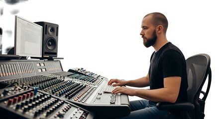 A man with a beard sitting in front of a large audio mixing console in a recording studio setting on transparent background