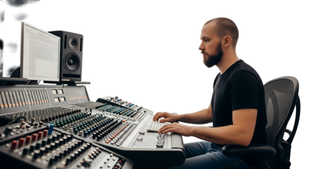 A man with a beard sitting in front of a large audio mixing console in a recording studio setting on transparent background