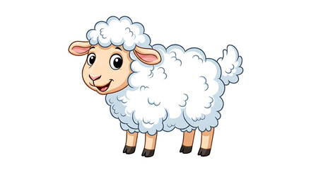 A cartoon sheep with white wool and a smiling face standing on a black background in a vector image on transparent background