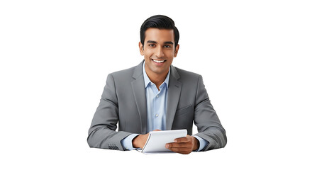 A smiling man in a gray suit holding a white notepad against a black background is looking forward on transparent background