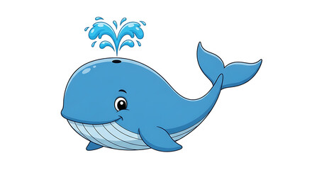 A cartoon blue whale with water spraying from its blowhole on a black background illustration art on transparent background