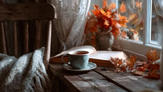Cozy autumn reading nook with open book, cup of tea, and fall leaves by window in rustic setting