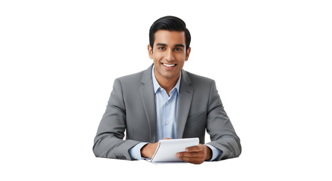 A smiling man in a gray suit holding a white notepad against a black background is looking forward on transparent background