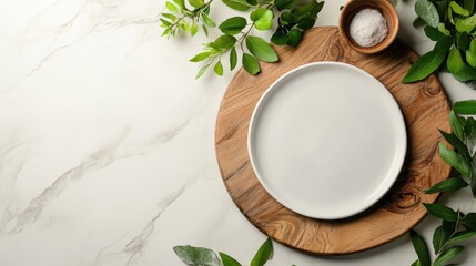 A minimalistic and elegant setting featuring a white plate at the center, framed by fresh green leaves and a small bowl of salt, ideal for food photography.