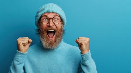 An exuberant senior man, wearing a blue beanie and sweater, expresses excitement with raised fists against a striking blue background, capturing the essence of joy and vitality.