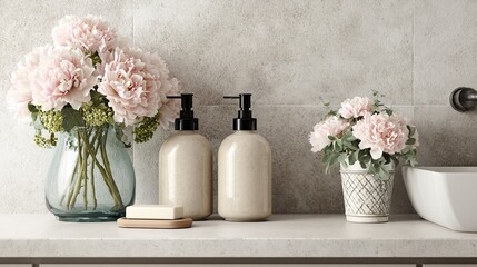 Fototapeta premium Elegant Bathroom Still Life with Pink Peonies and Cream Soap Dispensers Modern Minimalist Home Decor Neutral Tones Luxury Spa Setting Tranquil Atmosphere Serene Bathroom Design 