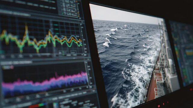 A splitscreen view showing a realtime stability monitoring graph on one side and a video feed of the ship navigating progressively choppy seas on the other highlighting the correlation