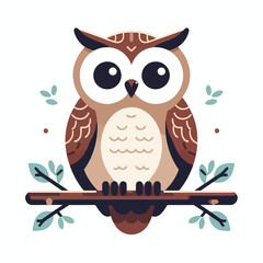 image of an owl sitting on a tree branch with a simple and minimalist flat design using a white background