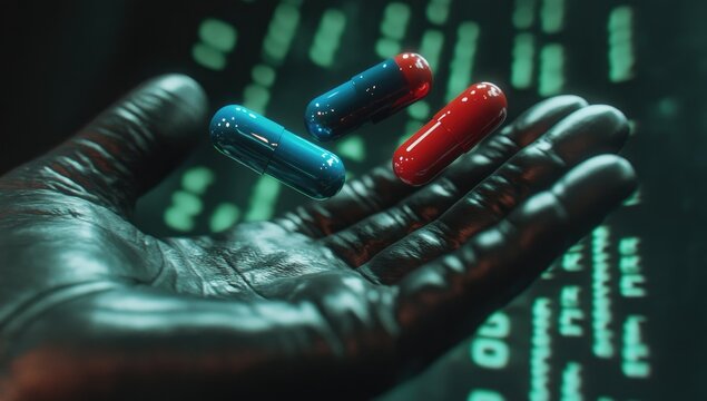 Hand holding pills in front of digital code - Powered by Adobe