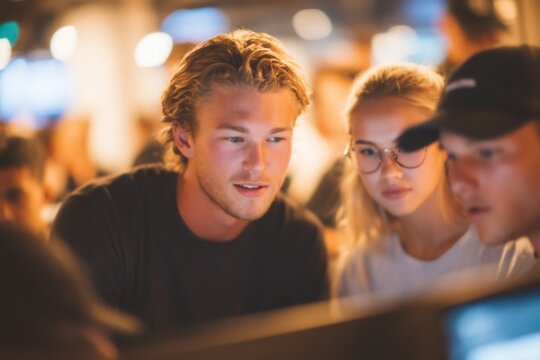 A group of young adults focuses intently on a computer screen in a lively social space, collaborating on a project. The ambient lighting and buzz of the evening enhance the atmosphere of teamwork. - Powered by Adobe