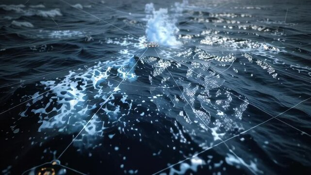 Futuristic marine navigation system analyzes ocean currents, depths, and marine environment data, providing real time information for safe and efficient maritime operations