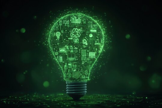 A green light bulb illuminates intricate patterns and icons that symbolize technology, sustainability, and innovation. This vibrant visual captures ideas of environmental awareness and progress.
