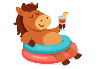 Happy cartoon horse holding a summer cocktail while sitting on an inflatable pool ring. Fun and tropical vacation theme in cute style.